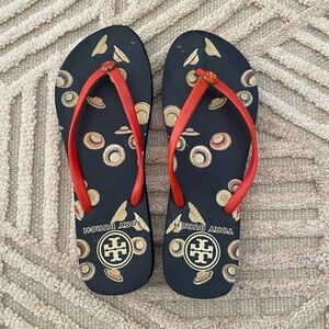 Tory Burch Red and Navy Blue Flip Flops.  Size 8.